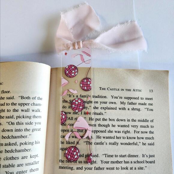 Disco Ball Cherry Print Bookmark Acrylic Pink Cute Coquette Bookish Gift For Her - Picture 3 of 14